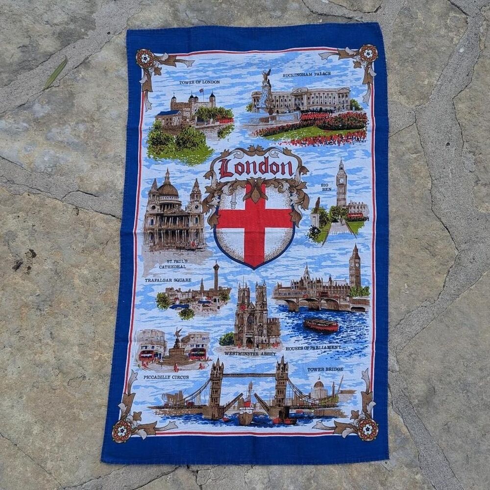 Vintage London tea towel with iconic landmarks linen cotton